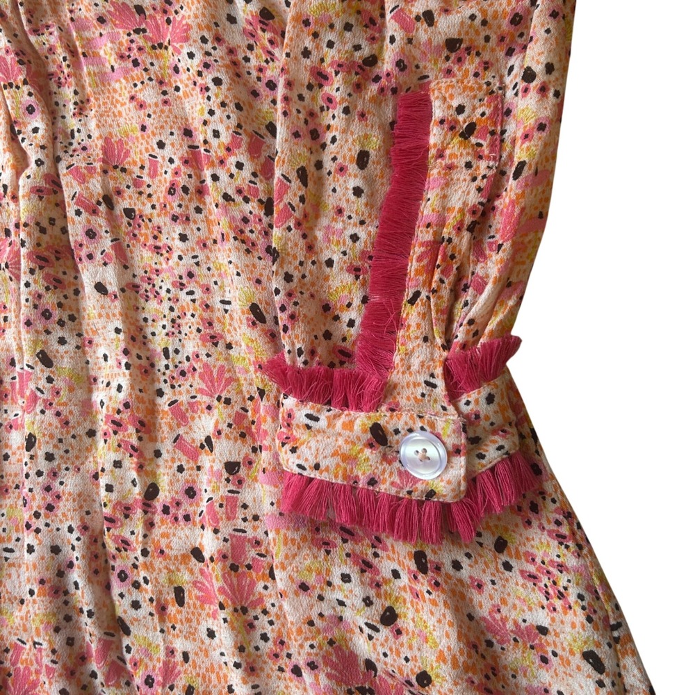 Poupette St Barth Mini Dress M Pink Orange Floral Fringe Pintuck V-Neck Boho - Picture 6 of 8